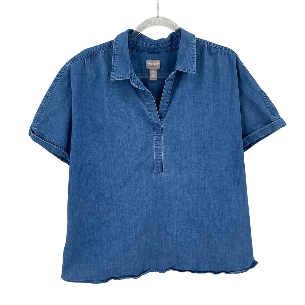 Chico's Popover Top XL Blue Short Sleeve Relaxed Chambray Minimalist Coastal
